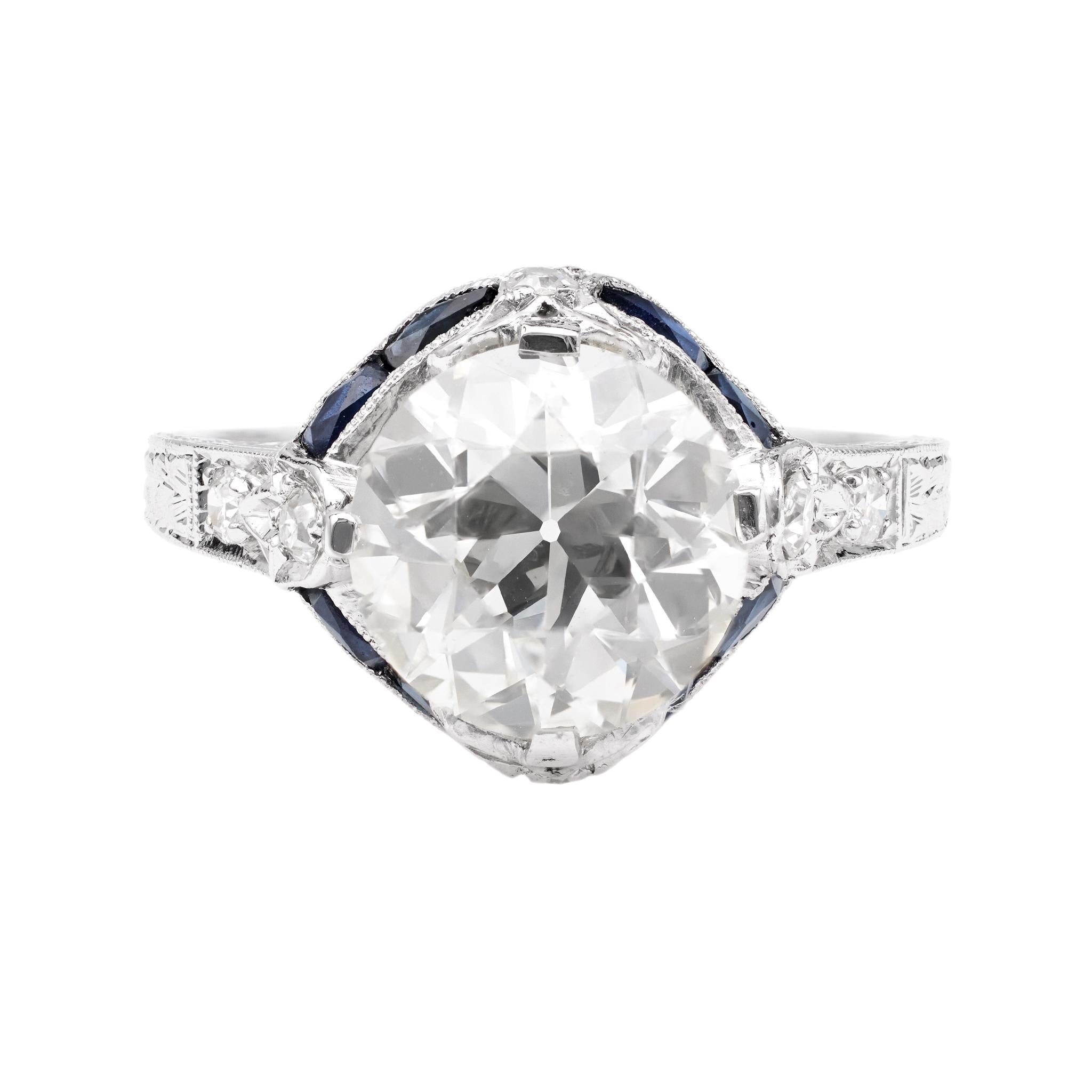 Art Deco GIA 2.94 Carat Old European Cut Diamond Sapphire Platinum Ring