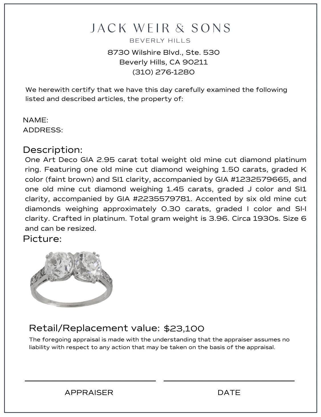 Bague de fiançailles Art déco en platine avec diamant taille ancienne de 2.95 carat, certifié GIA en vente 1