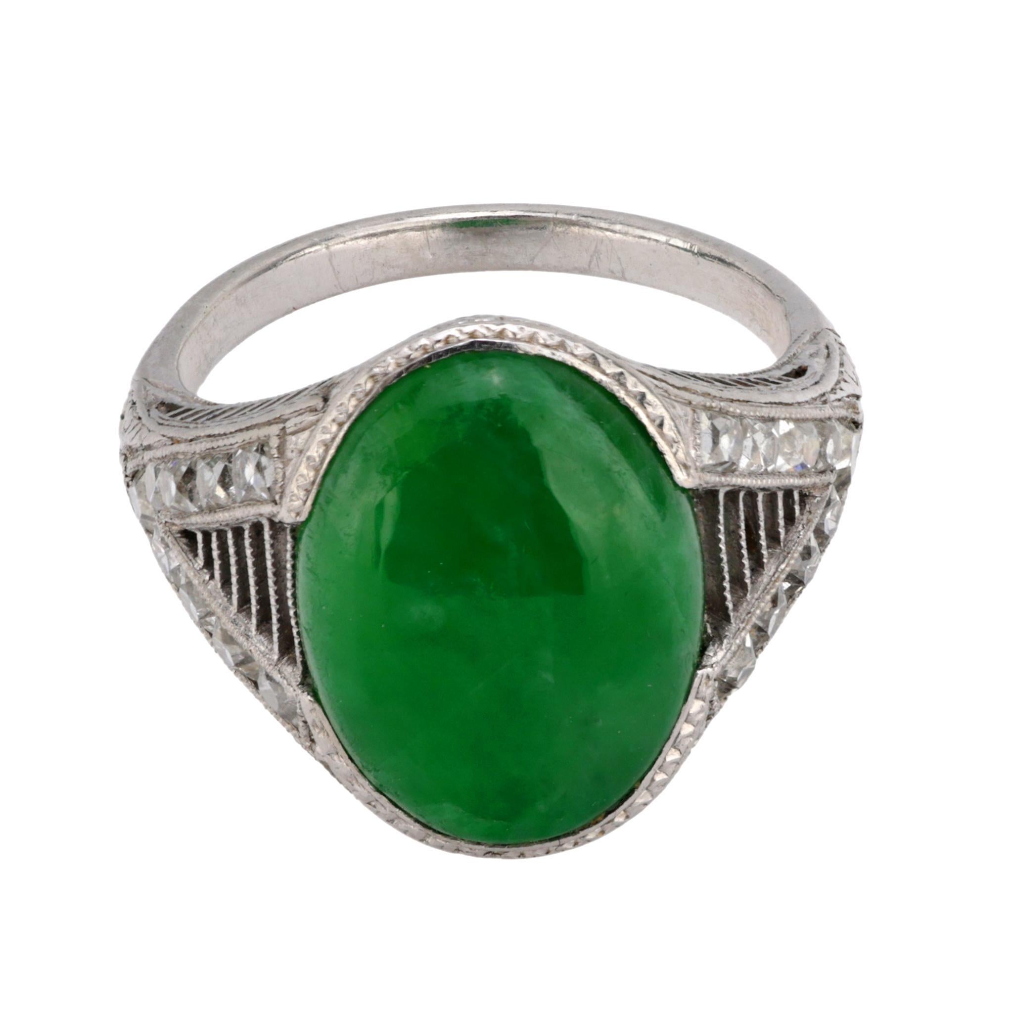 Cabochon Art Deco GIA 3 carat jade French cut diamond platinum ring