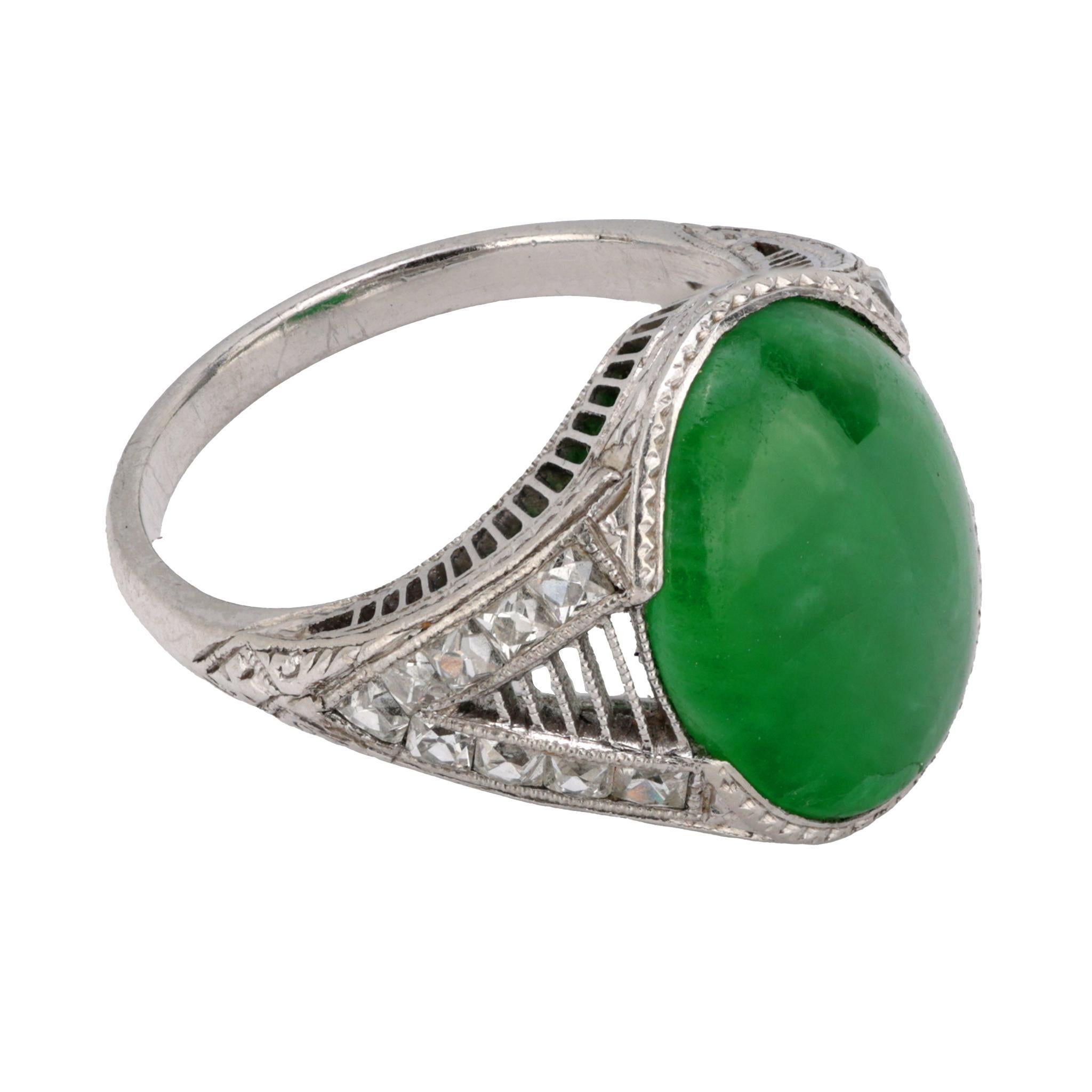 Women's or Men's Art Deco GIA 3 carat jade French cut diamond platinum ring