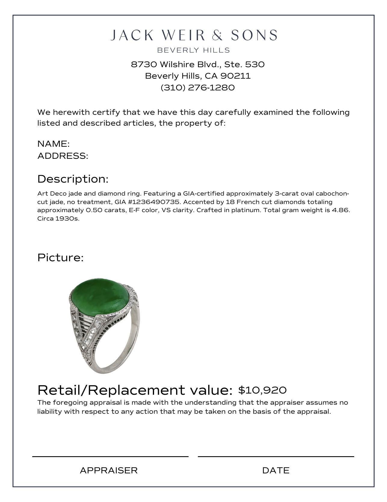 Art Deco GIA 3 carat jade French cut diamond platinum ring 2