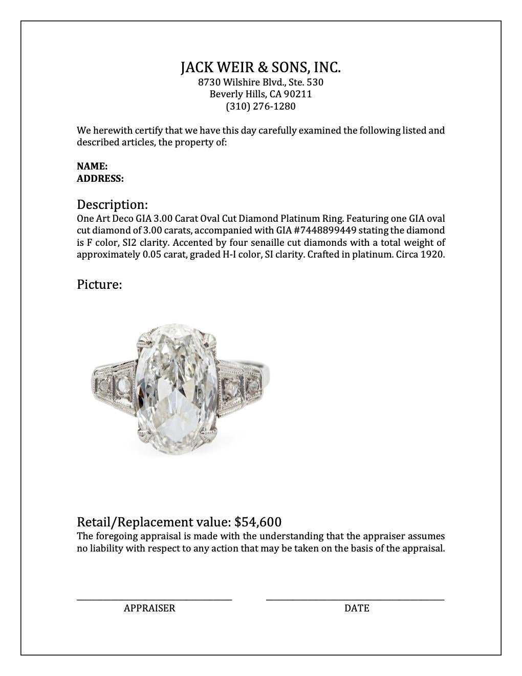 Art Deco GIA 3.00 Carat Oval Cut Diamond Platinum Ring 4
