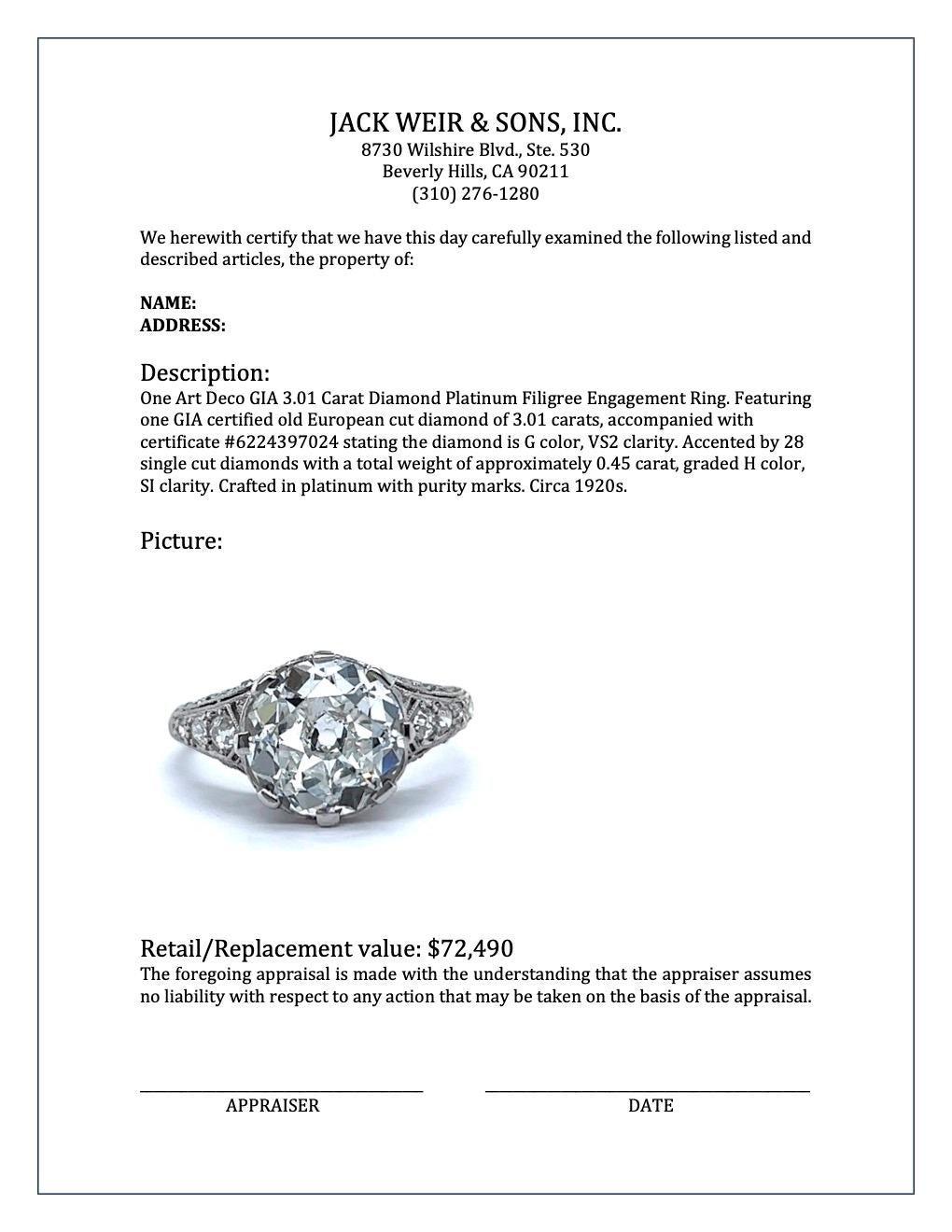 Art Deco GIA 3.01 Carat Old European Cut Platinum Filigree Engagement Ring 4