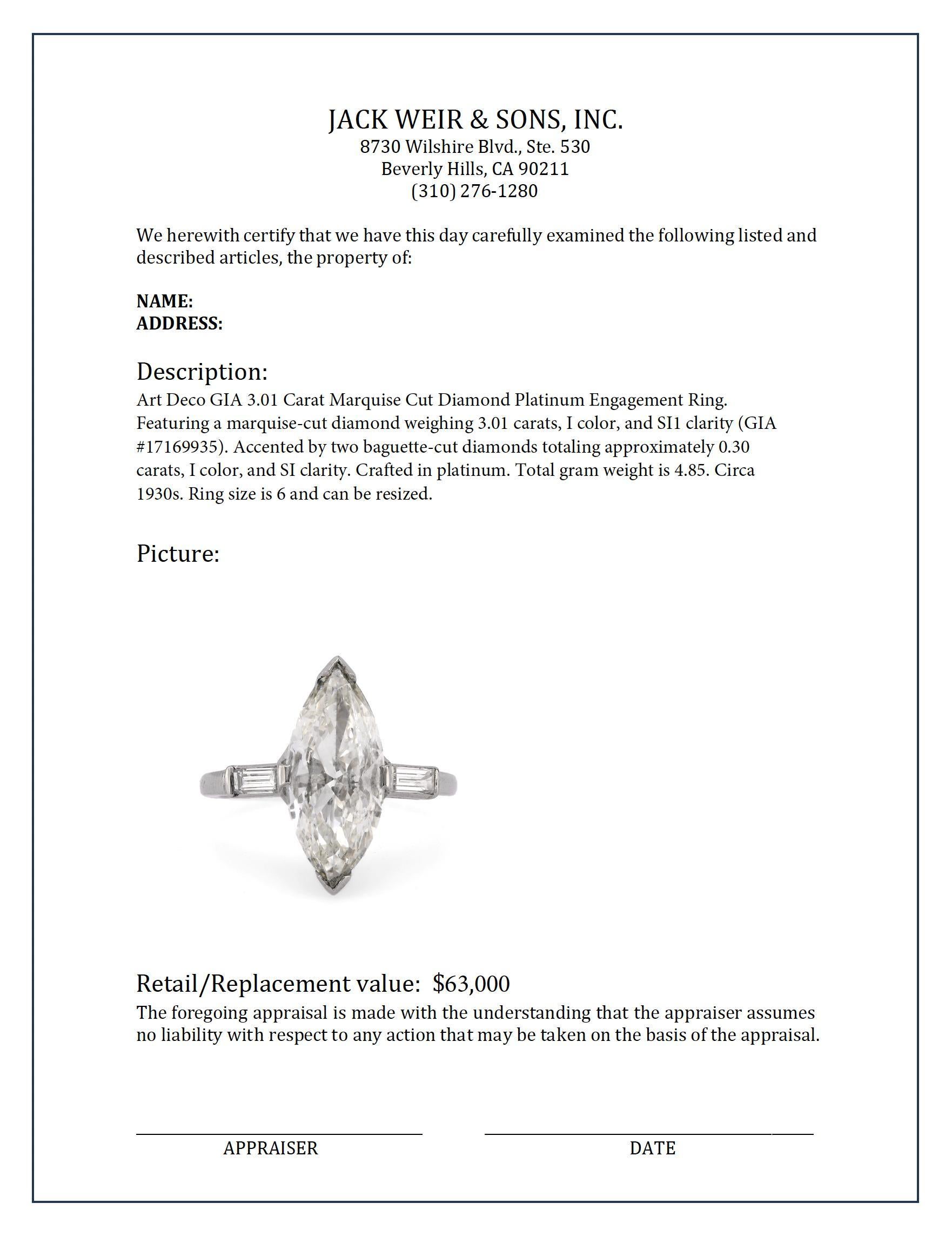 Art Deco GIA 3.01 carat marquise cut diamond platinum engagement ring 1