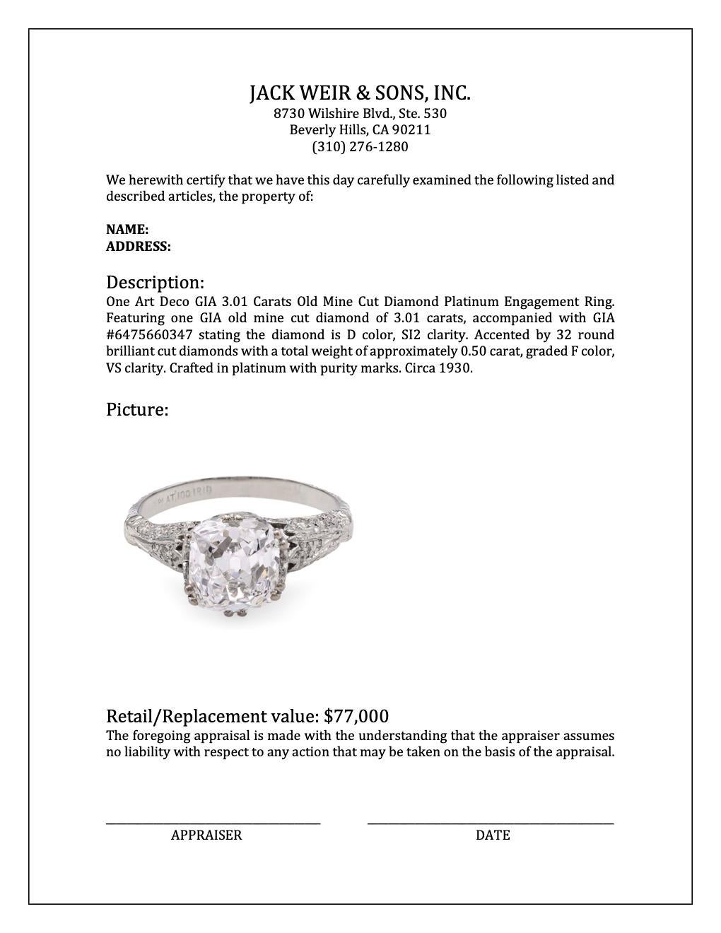Art Deco GIA 3.01 Carats Old Mine Cut Diamond Platinum Engagement Ring For Sale 4