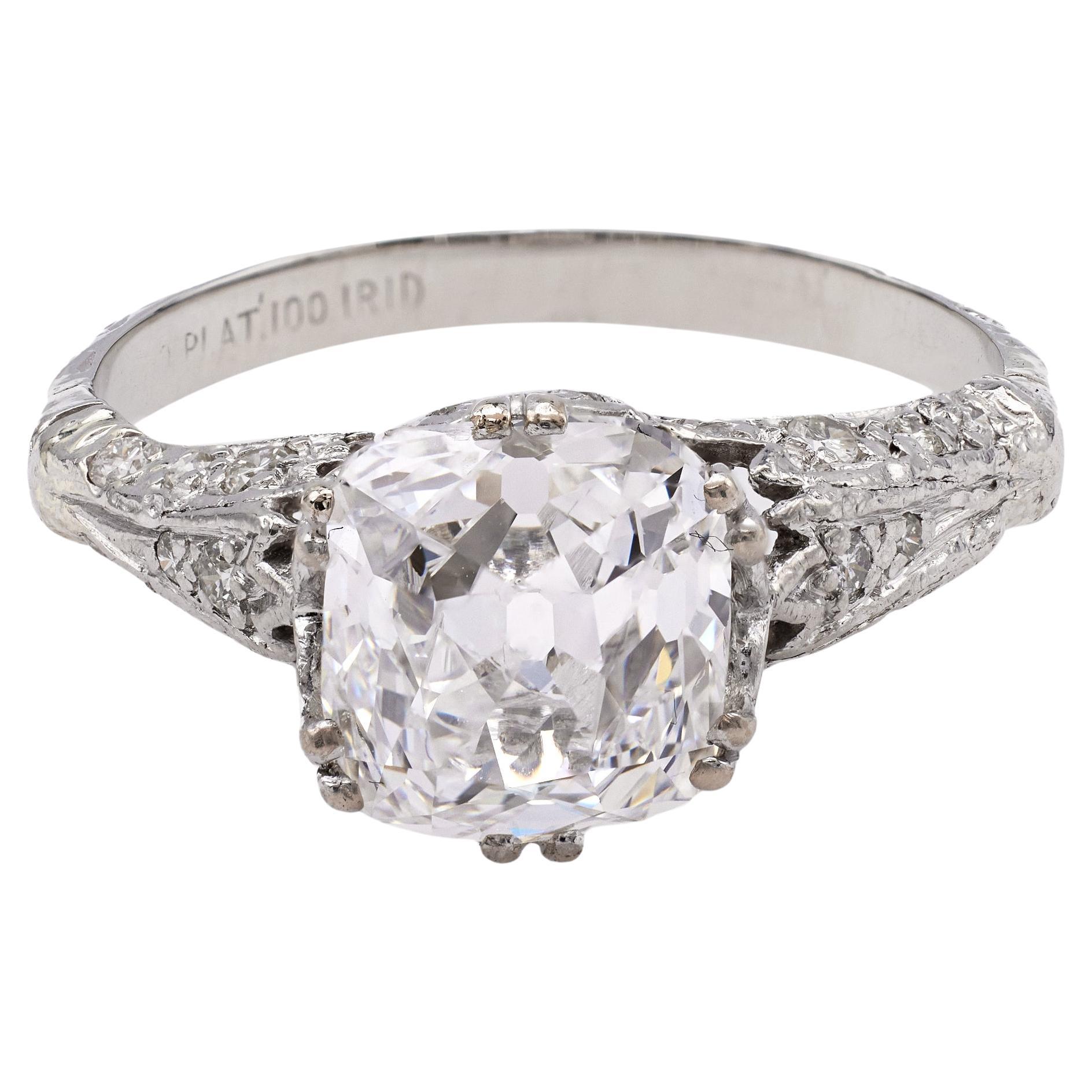 Art Deco GIA 3.01 Carats Old Mine Cut Diamond Platinum Engagement Ring