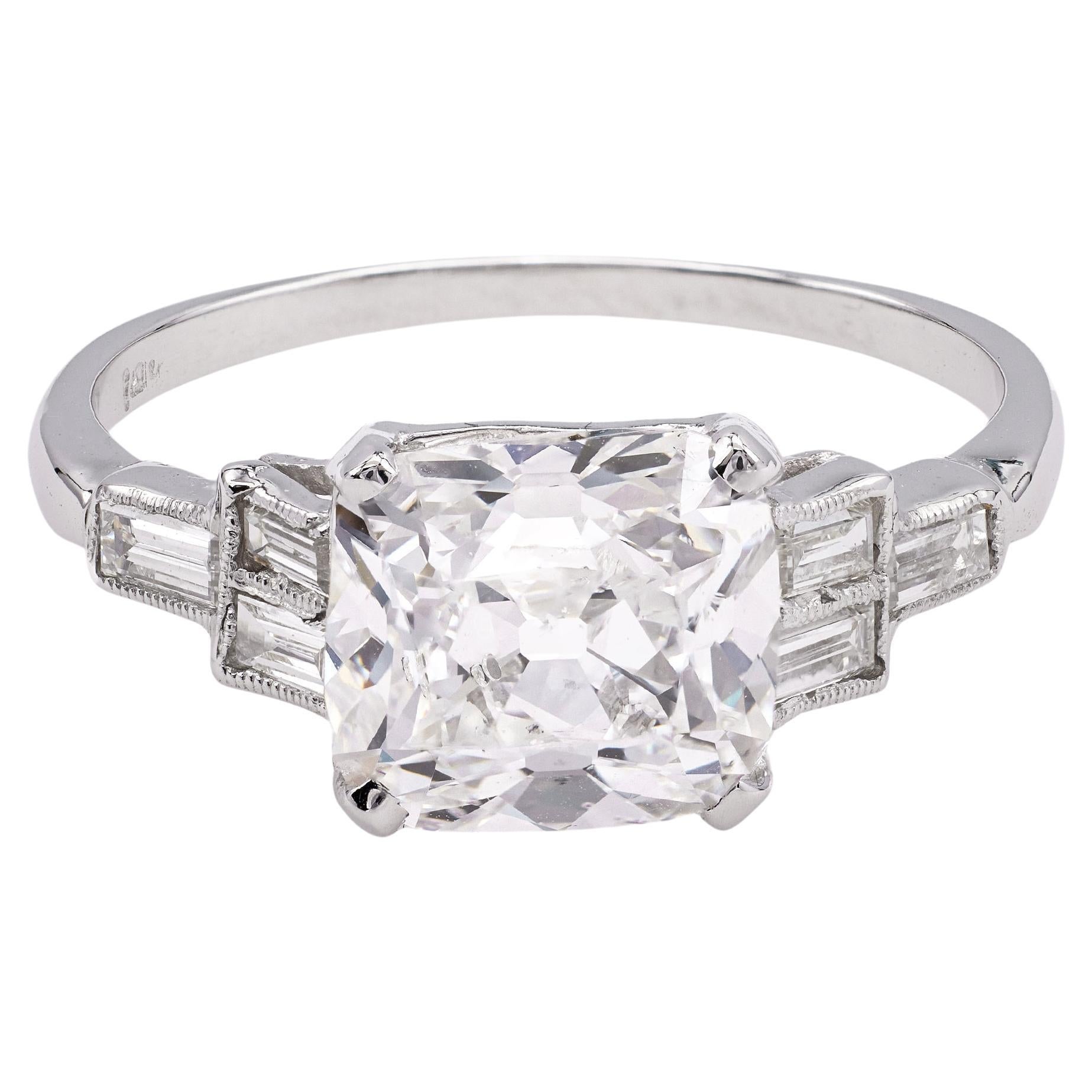 Art Deco GIA 3.01 Old Mine Cut Diamond 14k White Gold Ring