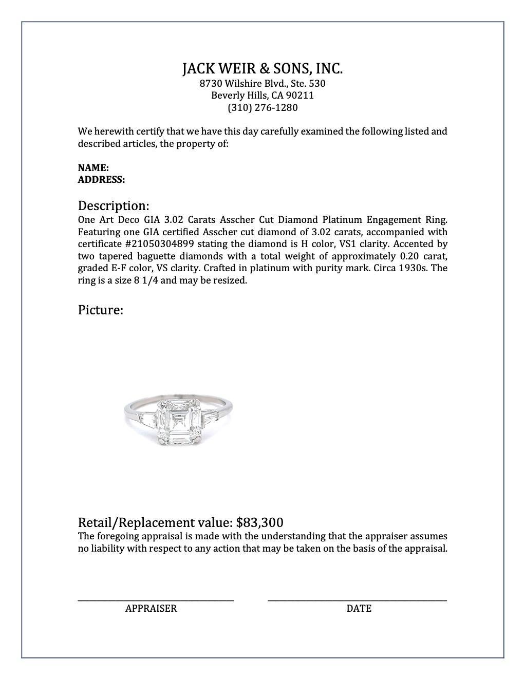 Art Deco GIA 3.02 Carats Asscher Cut Diamond Platinum Engagement Ring 3