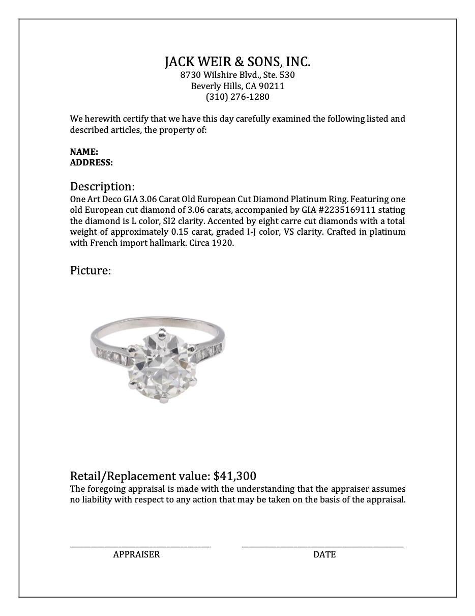 Art Deco GIA 3.06 Carat Old European Cut Diamond Platinum Ring 4