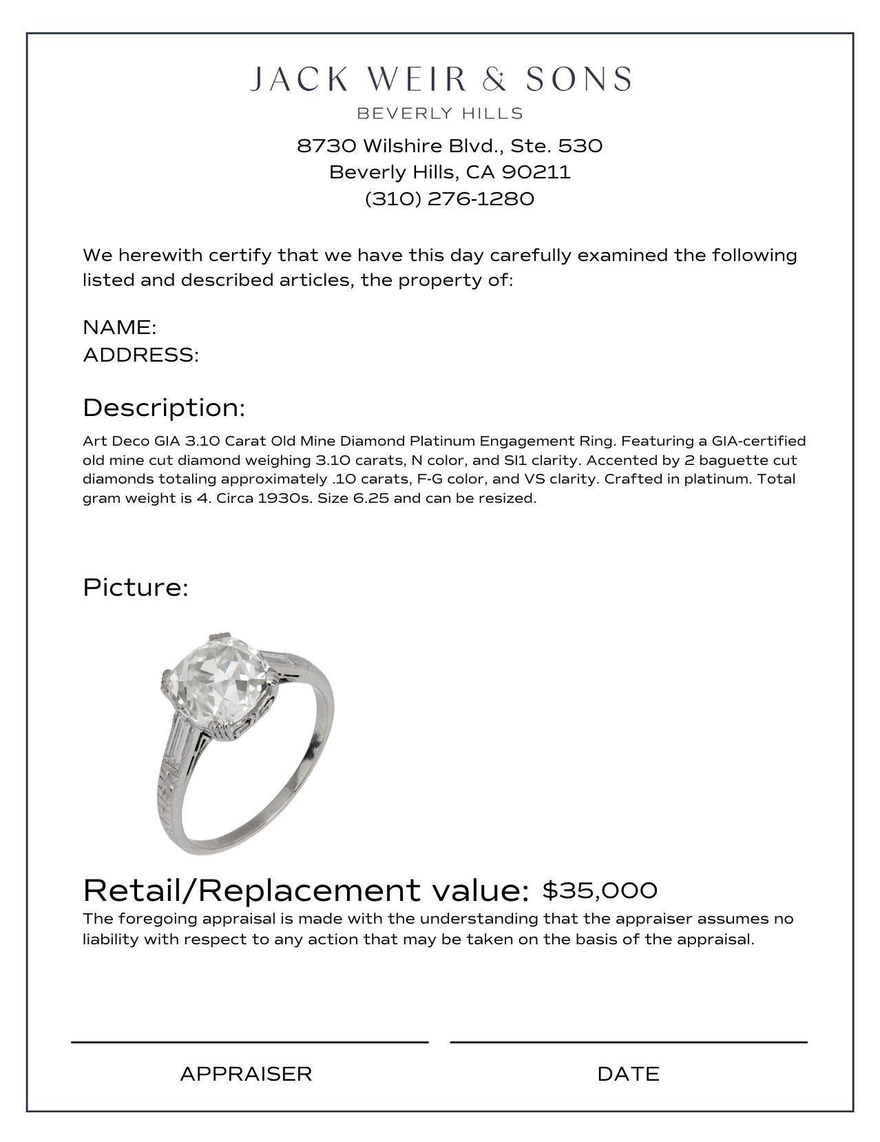 Art Deco GIA 3.10 carat old mine diamond platinum engagement ring In Good Condition In Beverly Hills, CA