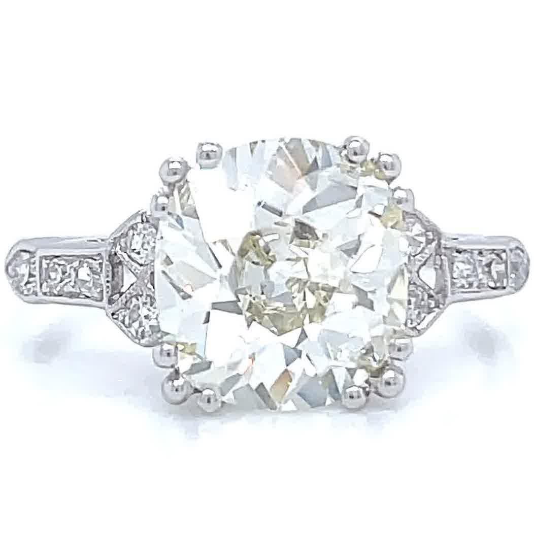 Art Deco GIA 3.11 Carat Antique Cushion Cut Diamond Platinum Engagement Ring In Excellent Condition In Beverly Hills, CA