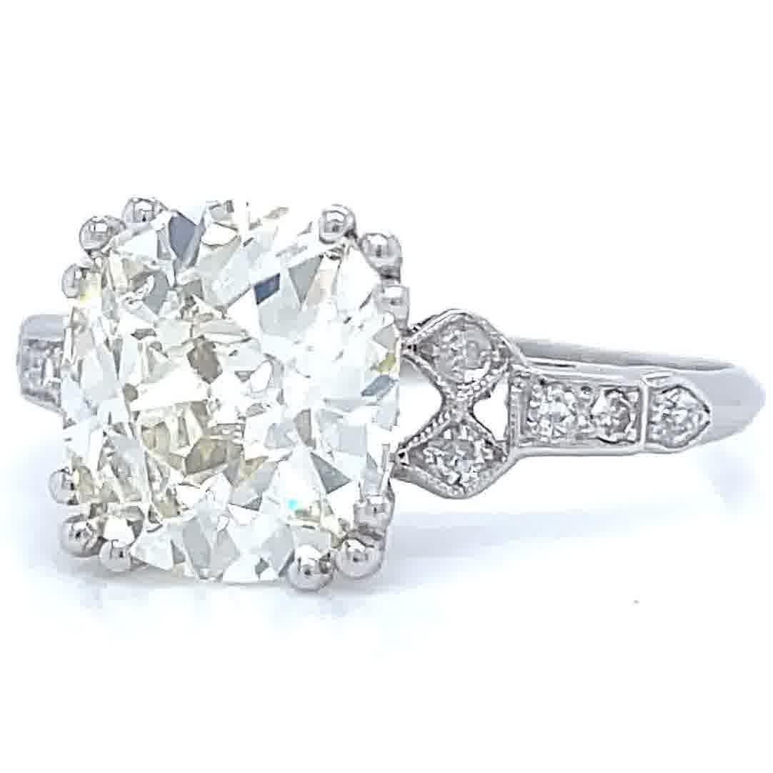 Women's Art Deco GIA 3.11 Carat Antique Cushion Cut Diamond Platinum Engagement Ring
