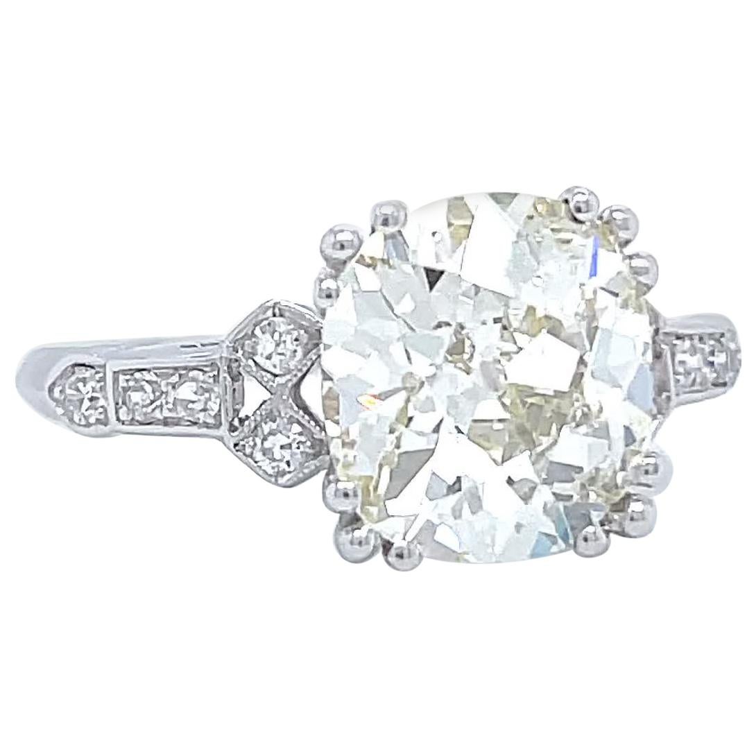 Art Deco GIA 3.11 Carat Antique Cushion Cut Diamond Platinum Engagement Ring