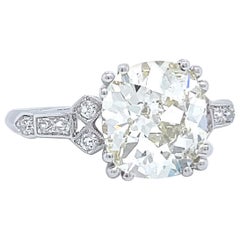 Art Deco GIA 3.11 Carat Antique Cushion Cut Diamond Platinum Engagement Ring