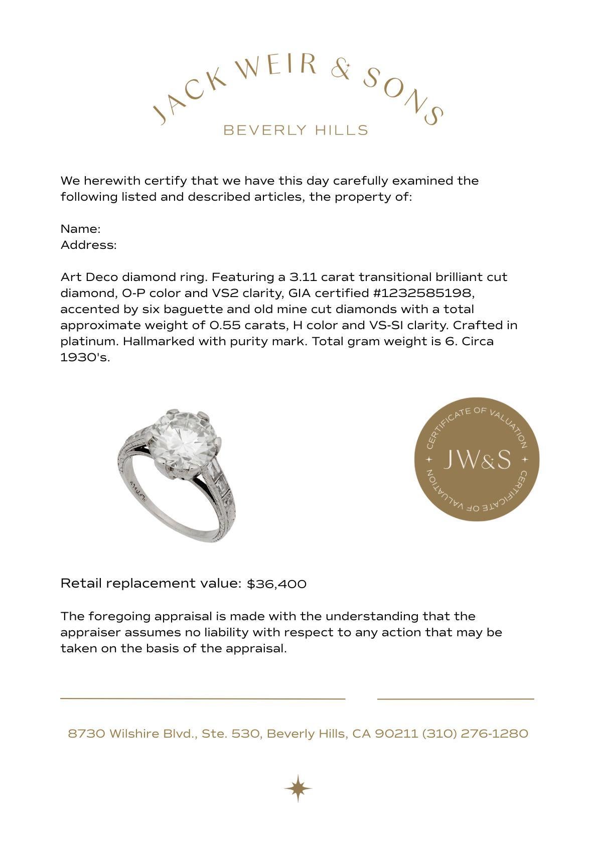 Anillo de compromiso Art Déco GIA 3.11 quilates diamante platino en venta 1