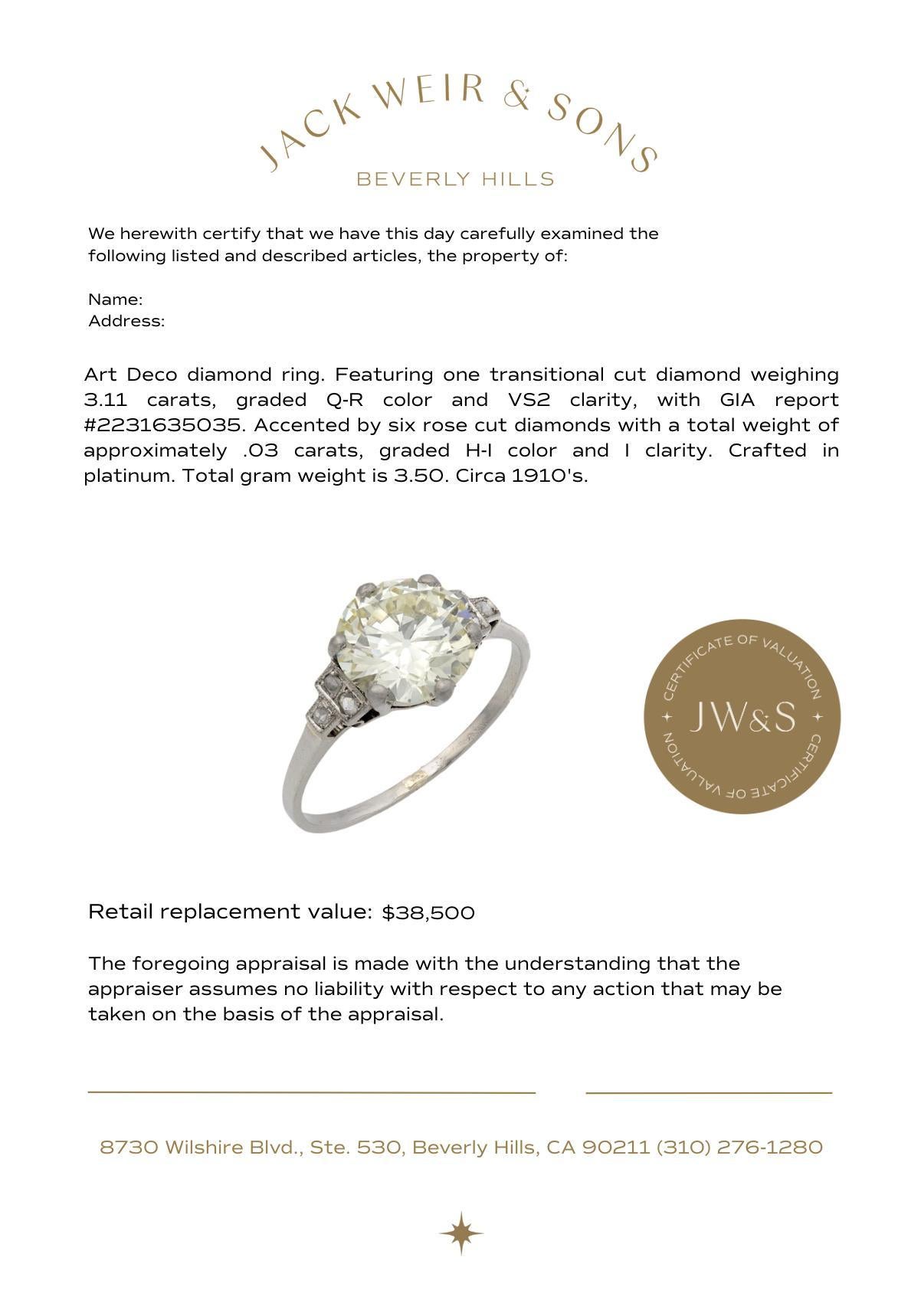 Art Deco Verlobungsring, GIA 3.11 Karat Diamant Platin im Angebot 1