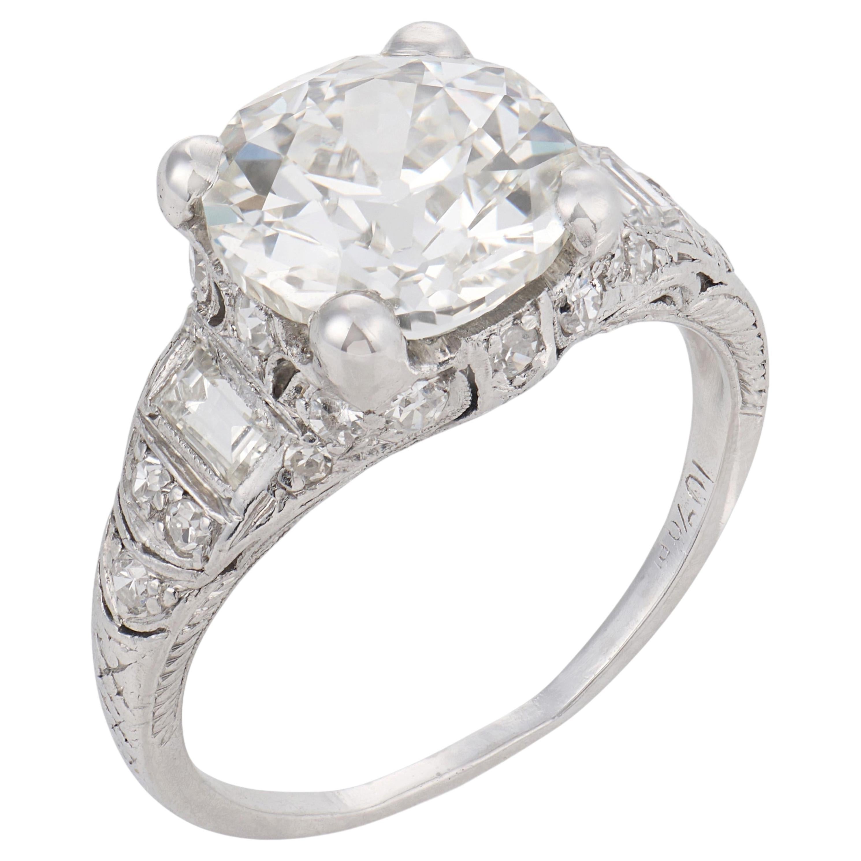 Anillo de compromiso de platino con diamante talla europea antigua Art Déco GIA de 3.11 quilates