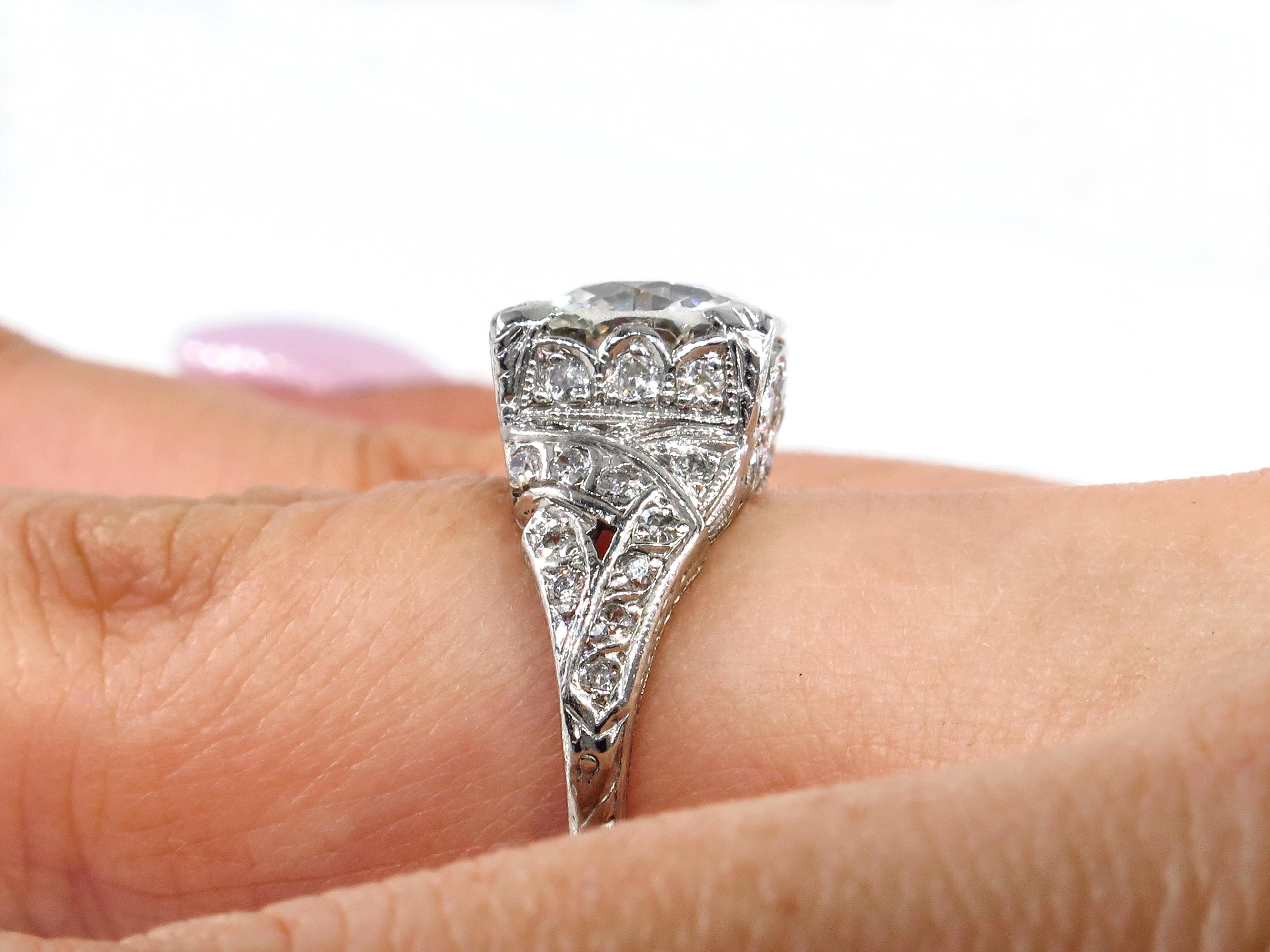 Art Deco GIA 3.14 Carat Antique Old European Diamond Plat Wedding Ring 9