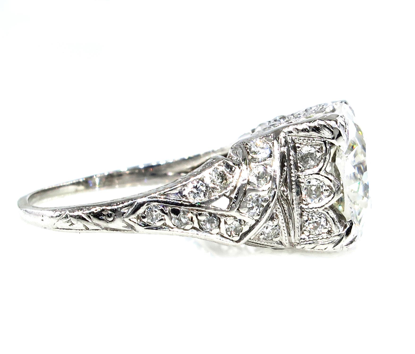 Women's Art Deco GIA 3.14 Carat Antique Old European Diamond Plat Wedding Ring