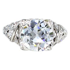 Art Deco GIA 3.14 Carat Antique Old European Diamond Plat Wedding Ring