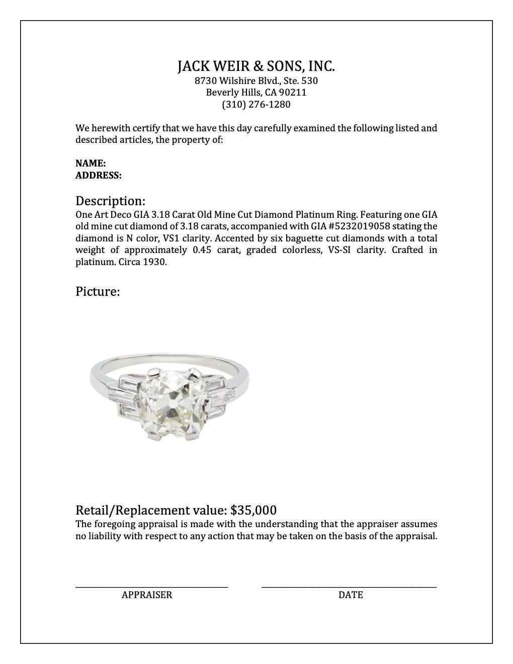 Art Deco GIA 3.18 Carat Old Mine Cut Diamond Platinum Ring 2