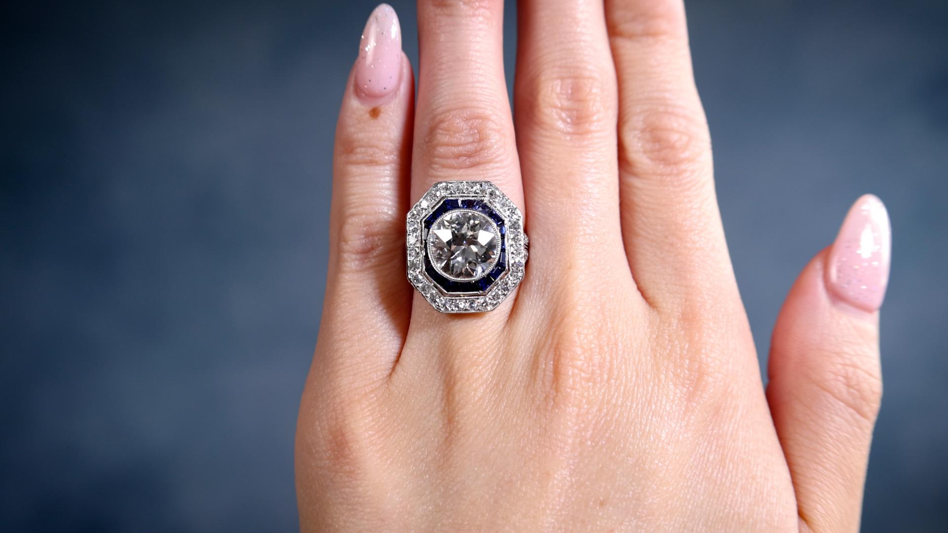 Platinring, Art déco, GIA 3,21 Karat Diamant im alteuropäischen Schliff, Saphir, Platin (Alteuropäischer Schliff)