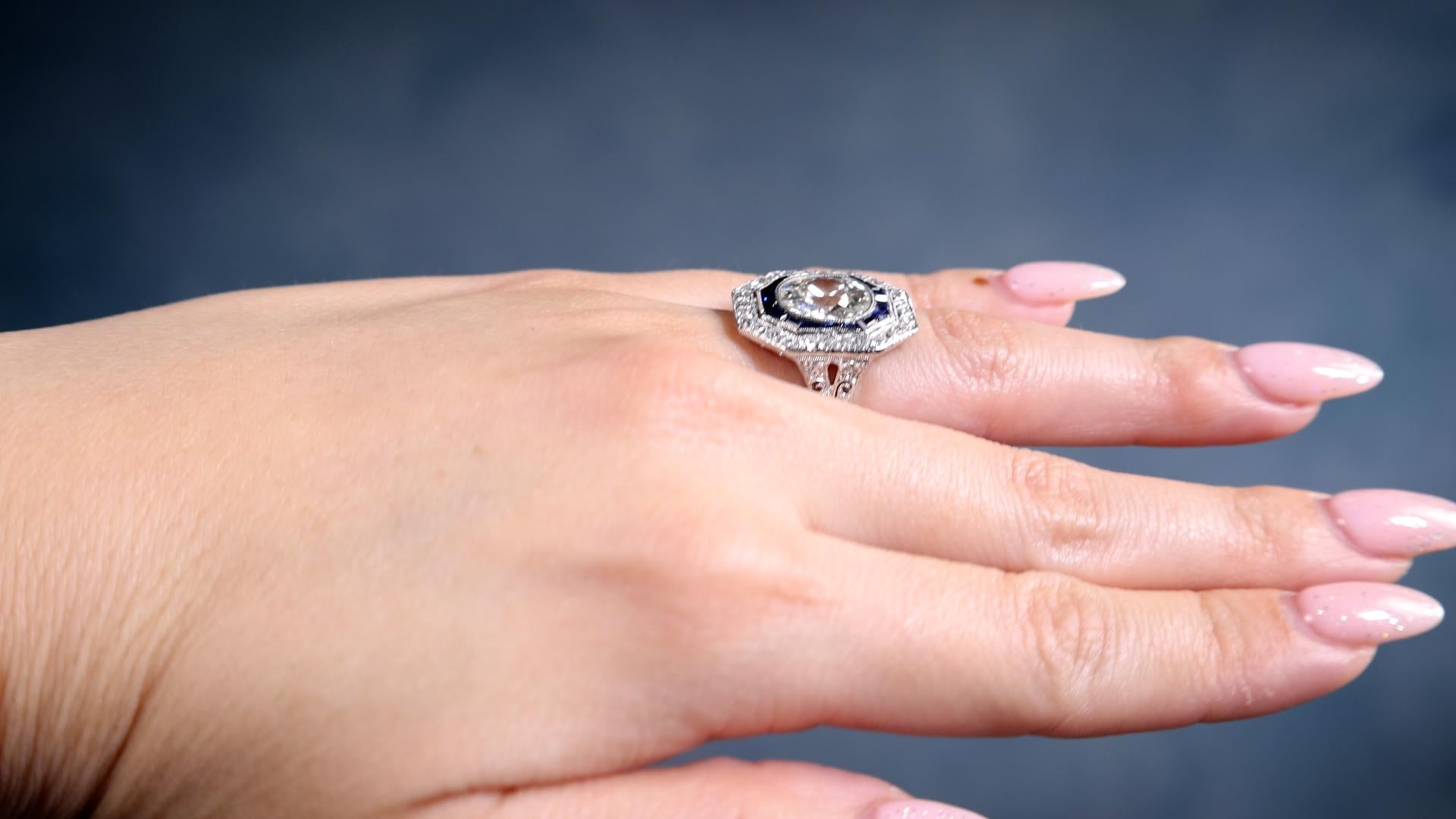 Platinring, Art déco, GIA 3,21 Karat Diamant im alteuropäischen Schliff, Saphir, Platin im Zustand „Gut“ in Beverly Hills, CA