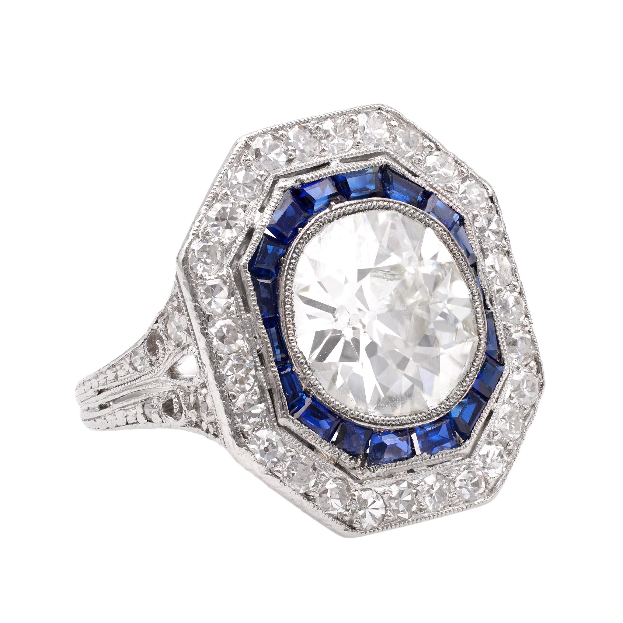 Platinring, Art déco, GIA 3,21 Karat Diamant im alteuropäischen Schliff, Saphir, Platin für Damen oder Herren