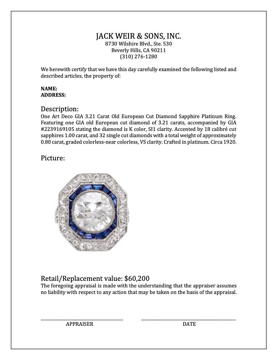 Platinring, Art déco, GIA 3,21 Karat Diamant im alteuropäischen Schliff, Saphir, Platin 3