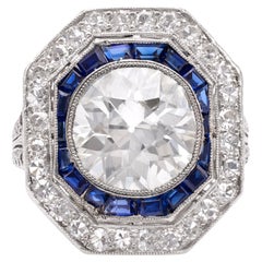Art Deco GIA 3.21 Carat Old European Cut Diamond Sapphire Platinum Ring