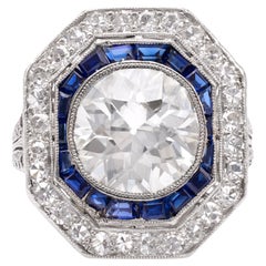 Anello Art Deco GIA da 3,21 carati con diamante vecchio taglio europeo e zaffiro in platino