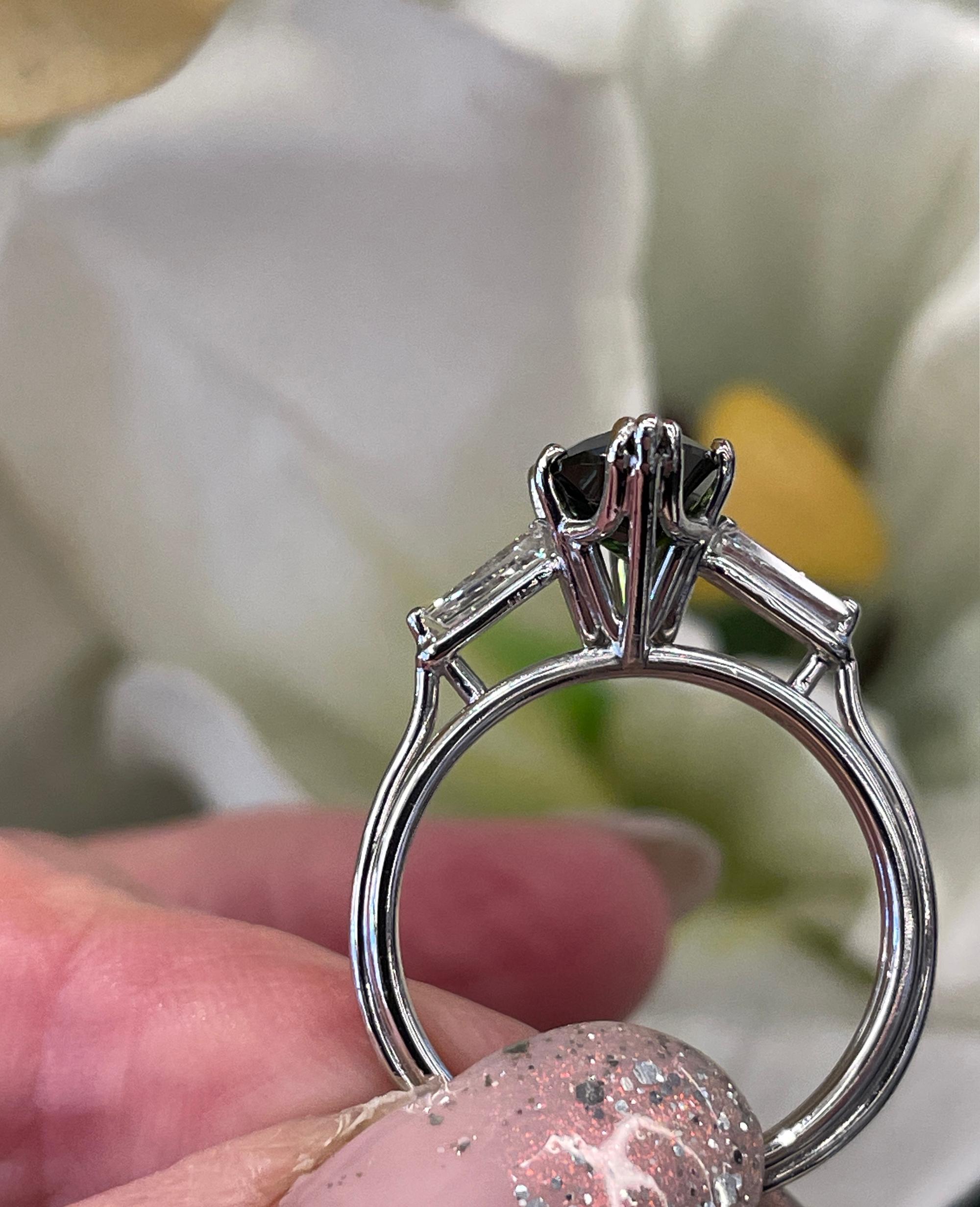 Art Deco GIA 3.24Carat Green Tourmaline Diamond Engagement Wedding Platinum Ring For Sale 6