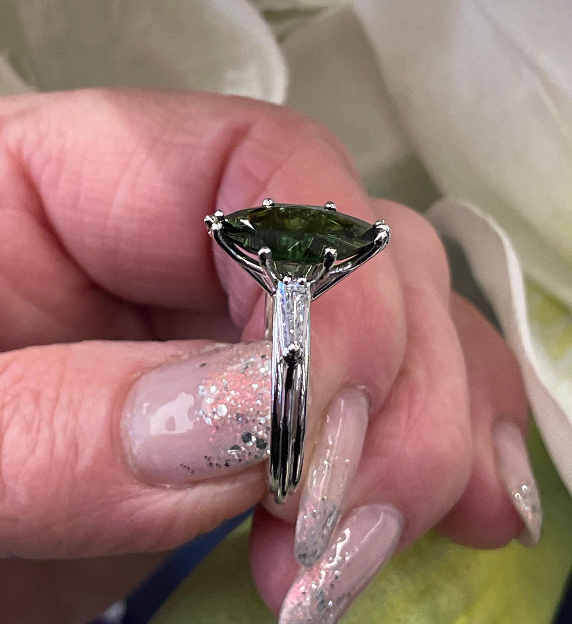 Art Deco GIA 3.24Carat Green Tourmaline Diamond Engagement Wedding Platinum Ring For Sale 7