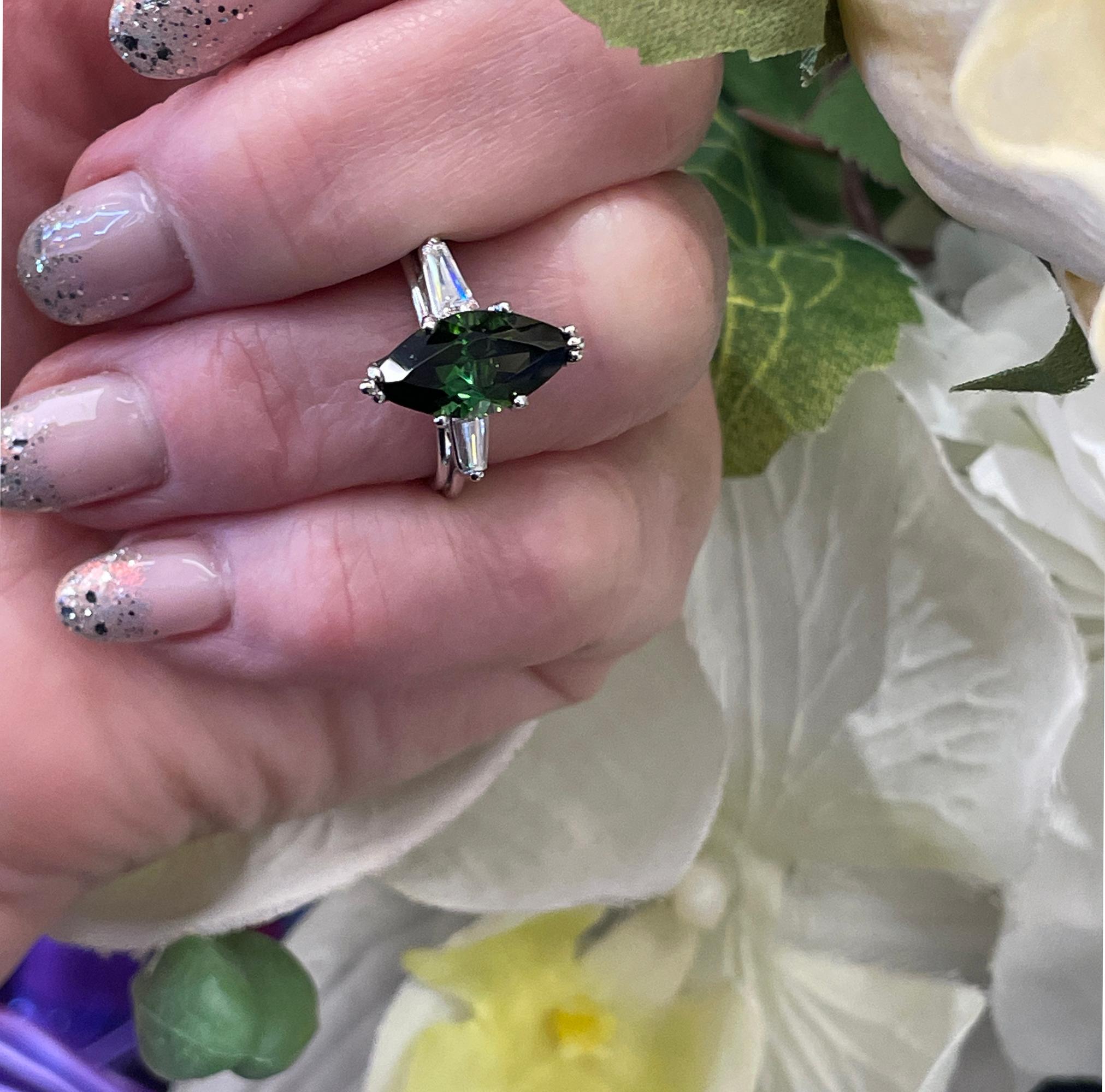 Art Deco GIA 3.24Carat Green Tourmaline Diamond Engagement Wedding Platinum Ring For Sale 8