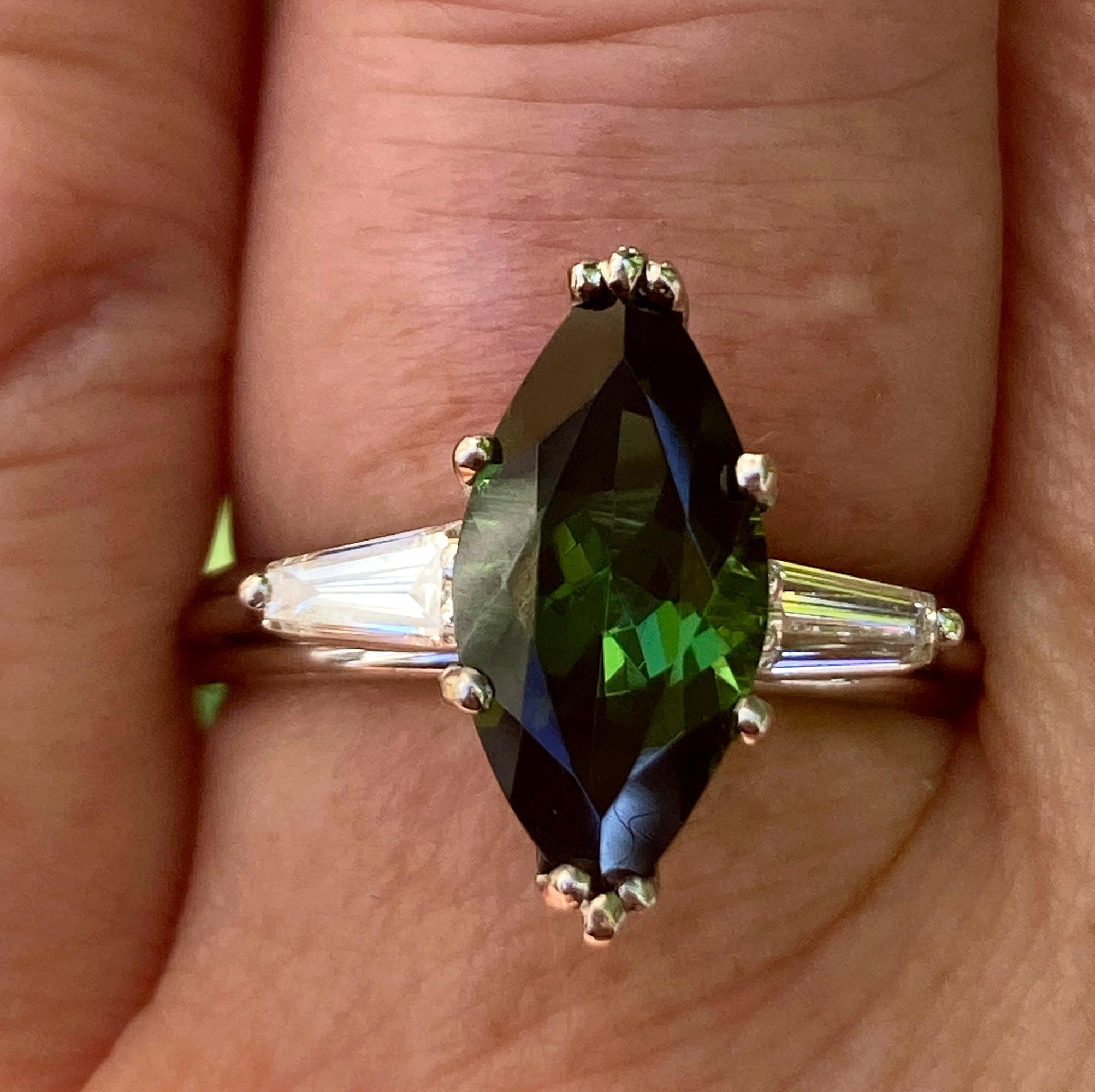 Art Deco GIA 3.24Carat Green Tourmaline Diamond Engagement Wedding Platinum Ring For Sale 9