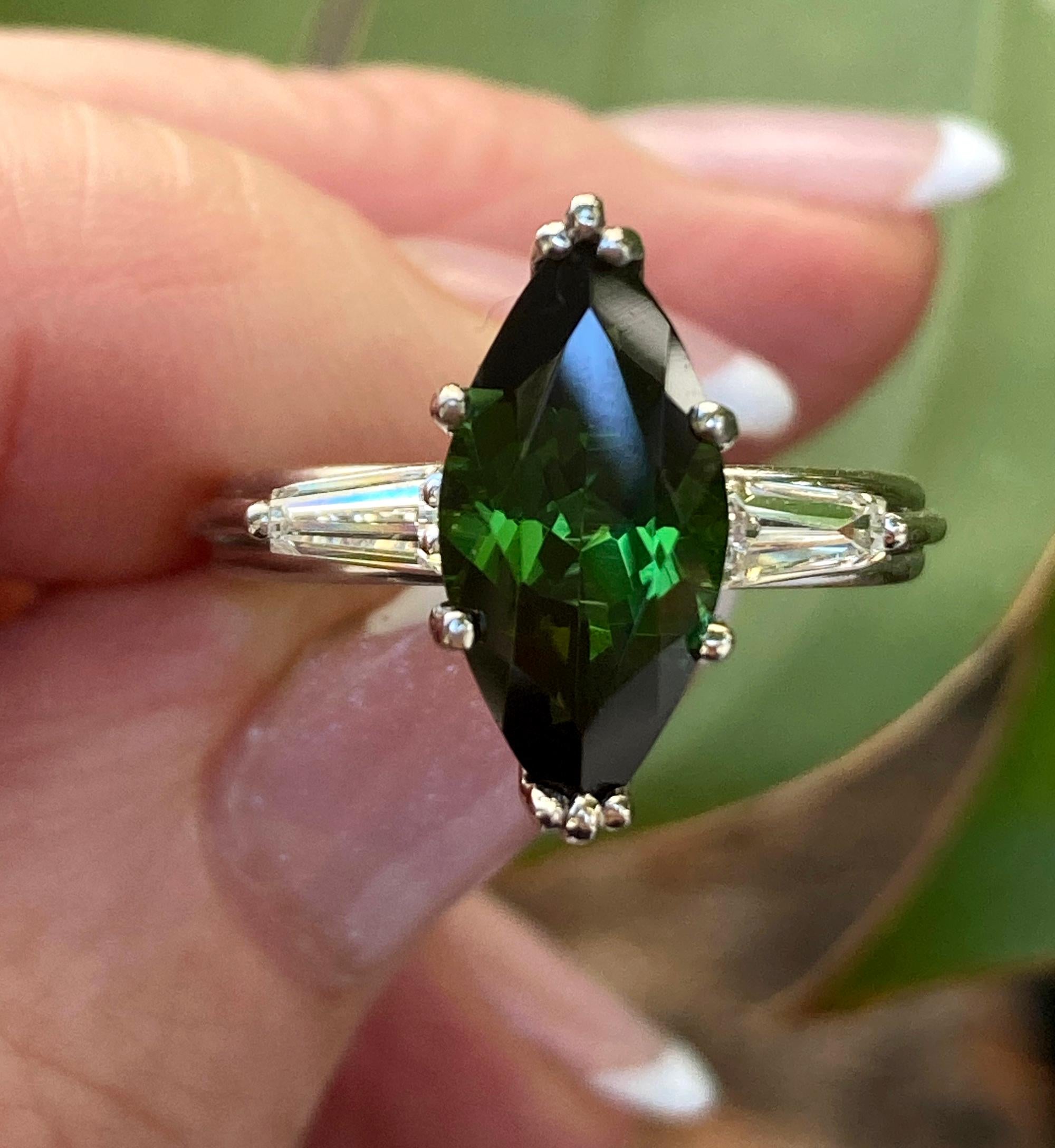 Art Deco GIA 3.24Carat Green Tourmaline Diamond Engagement Wedding Platinum Ring For Sale 13