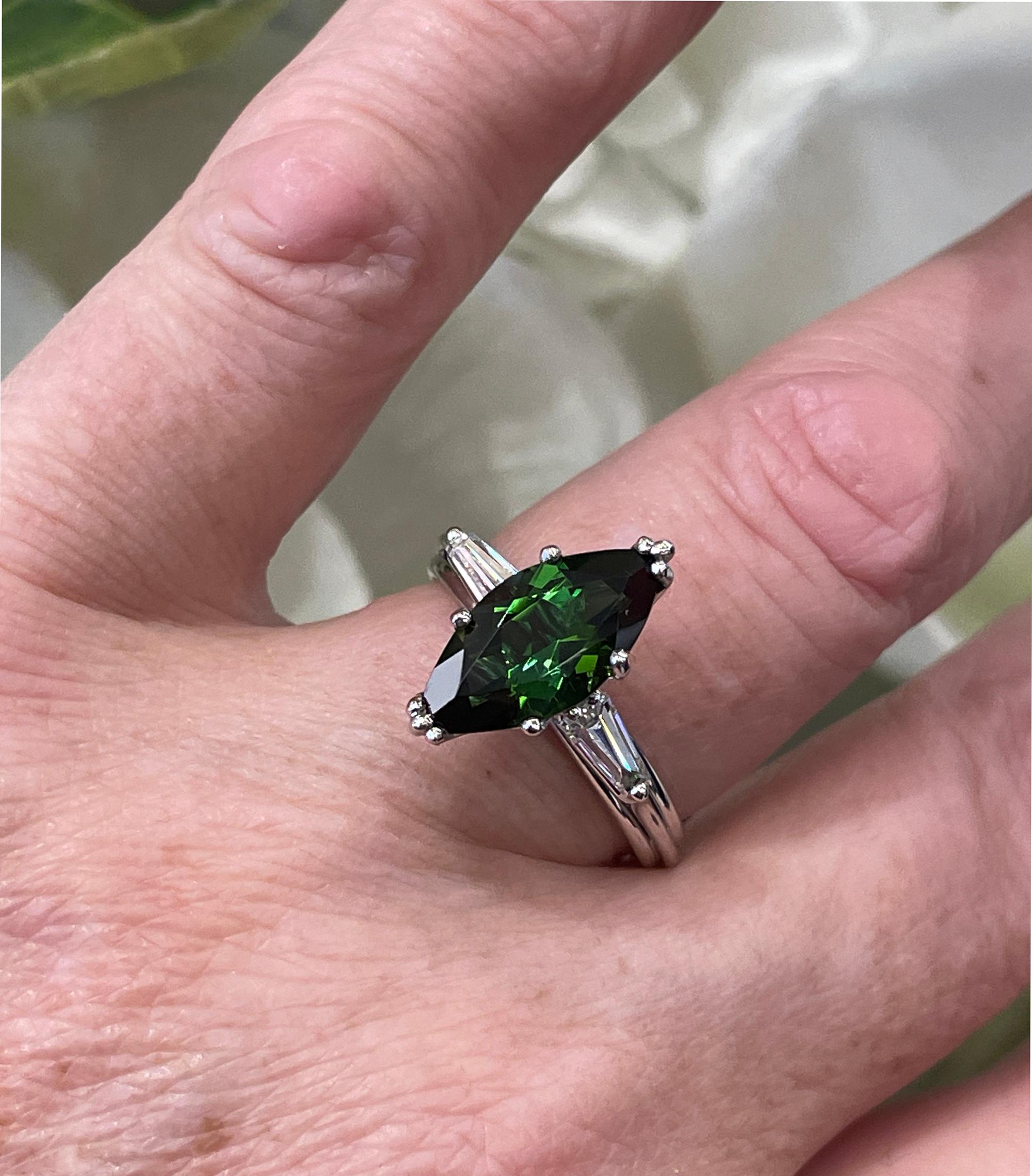 Art Deco GIA 3.24Carat Green Tourmaline Diamond Engagement Wedding Platinum Ring For Sale 14