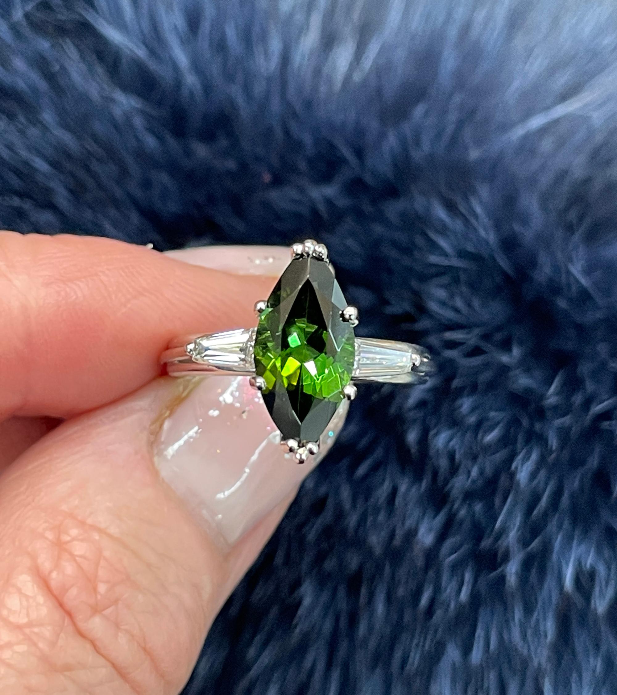 Art Deco GIA 3.24Carat Green Tourmaline Diamond Engagement Wedding Platinum Ring For Sale 3