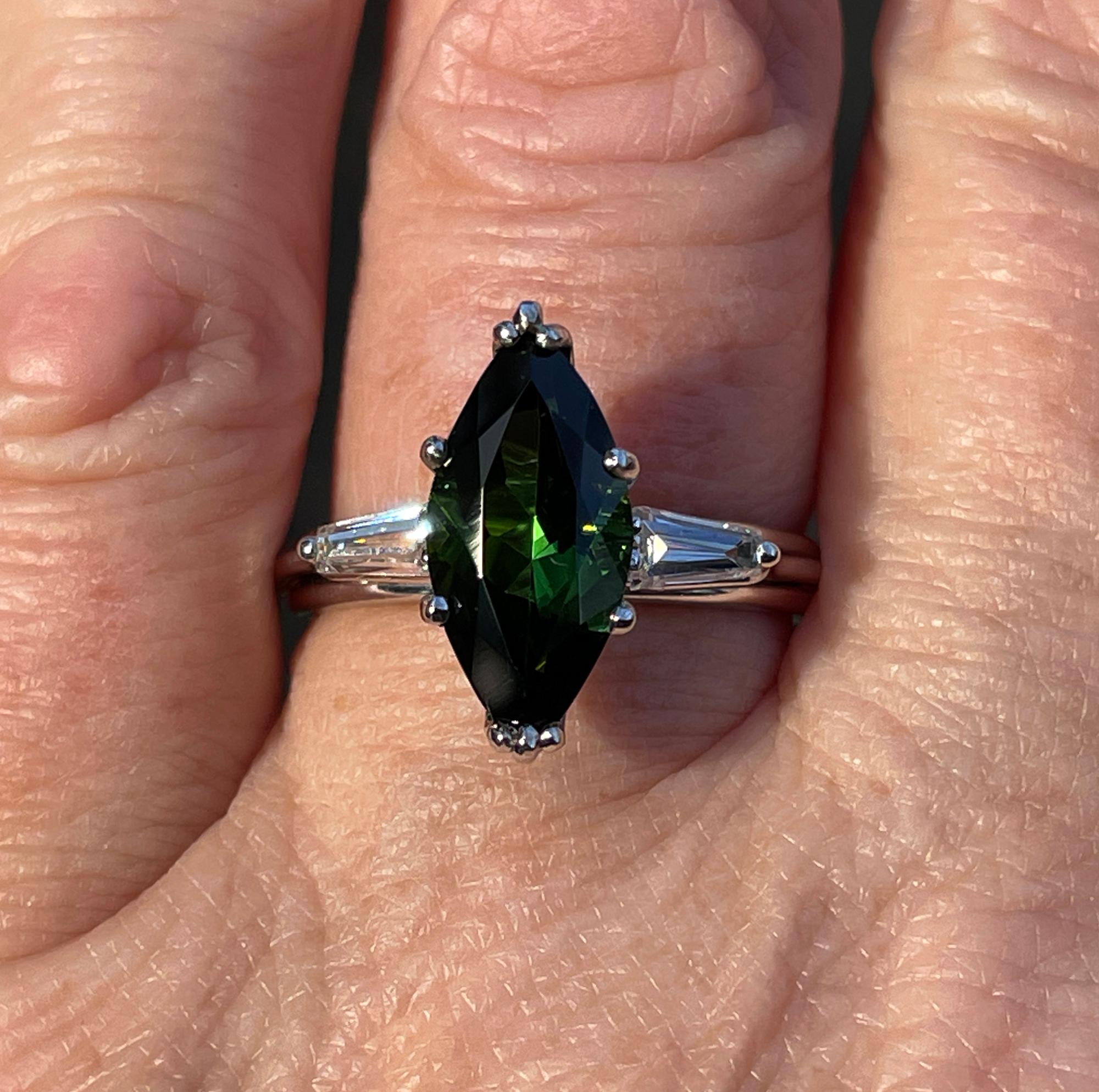 Art Deco GIA 3.24Carat Green Tourmaline Diamond Engagement Wedding Platinum Ring For Sale 4