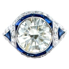 Art Deco GIA 3.26 Carats Round Brilliant Cut Diamond Sapphire Platinum Ring