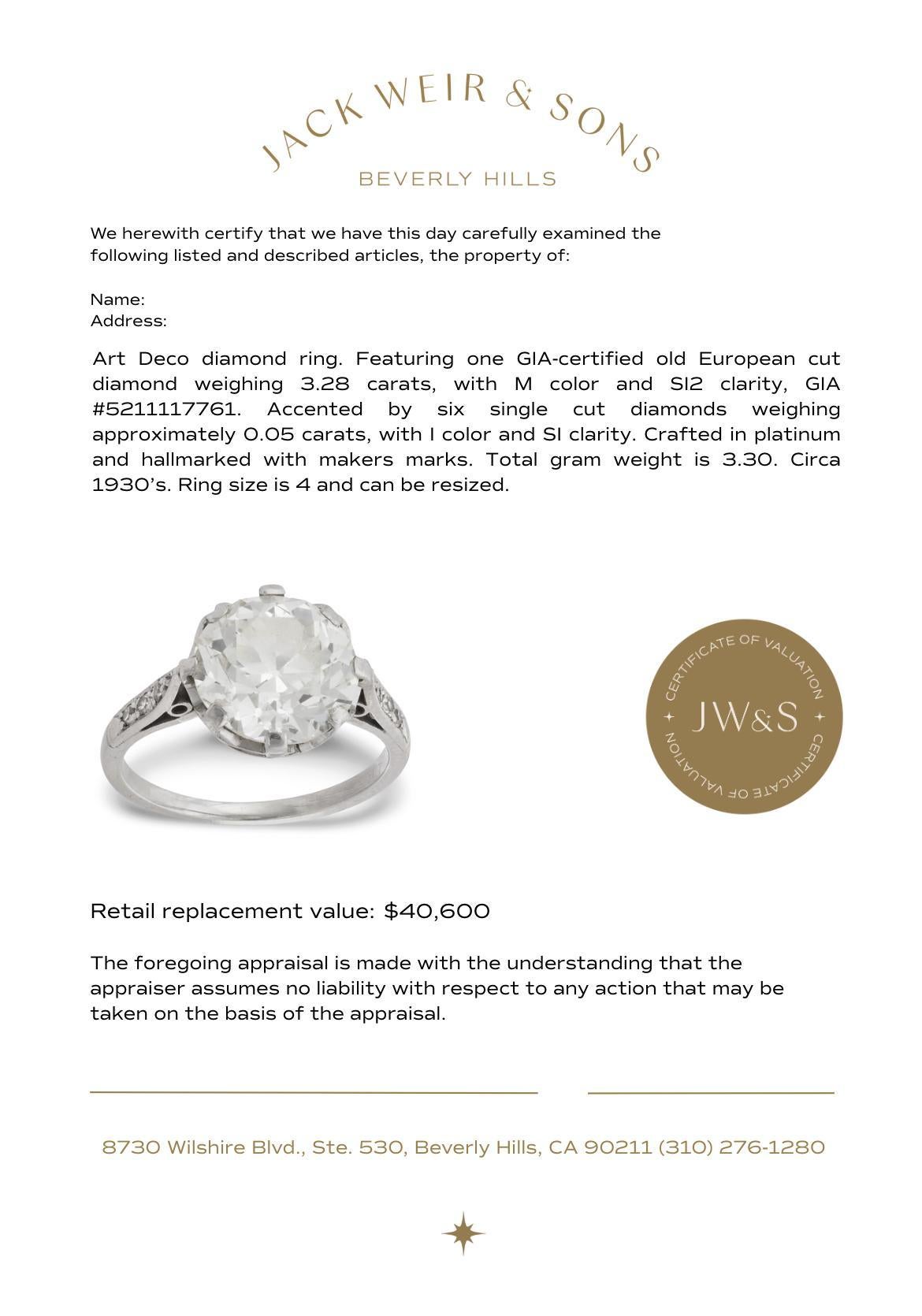 Anello di fidanzamento in platino con diamante vecchio taglio europeo Art Deco GIA da 3.28 carati in vendita 2