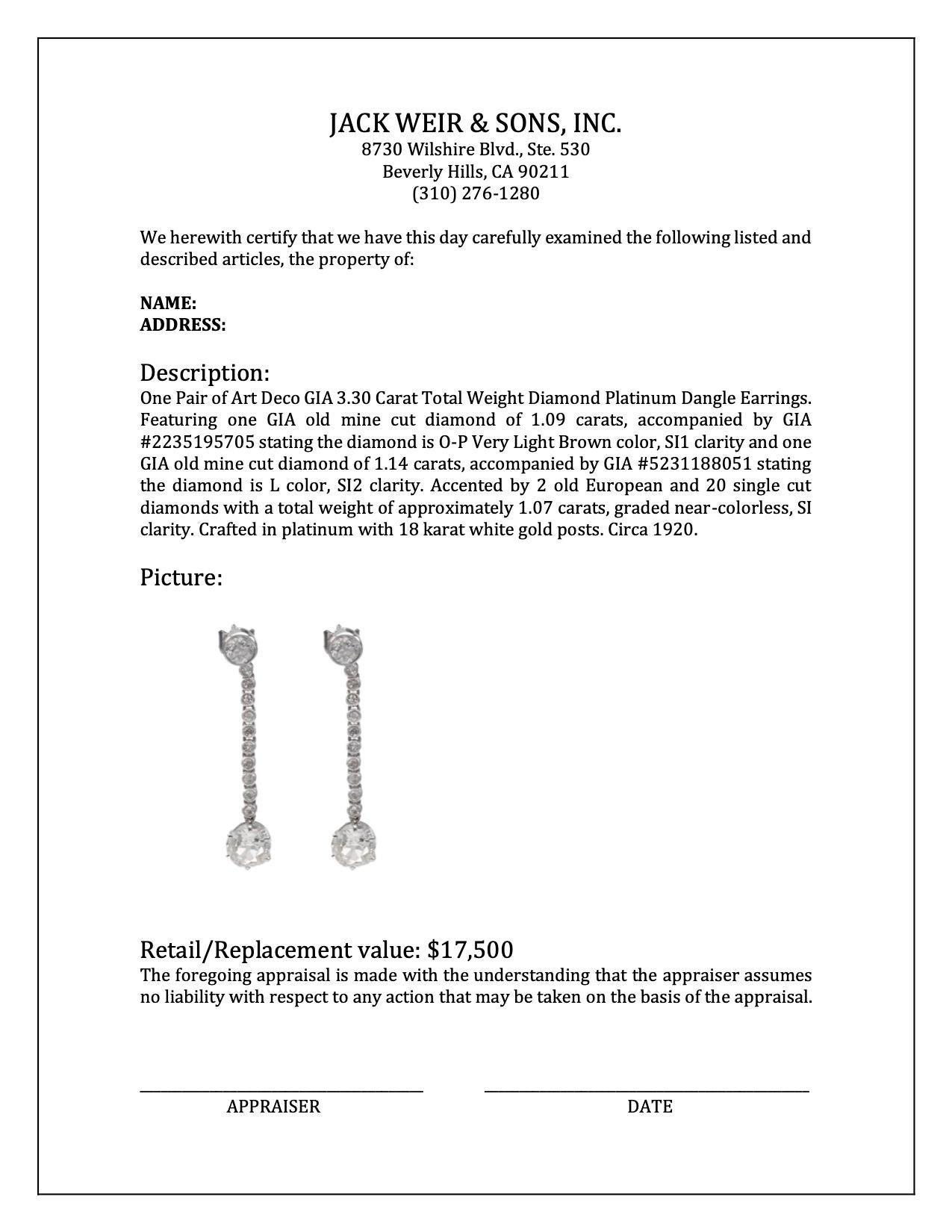 Art Deco GIA 3.30 Carat Total Weight Diamond Platinum Dangle Earrings For Sale 4