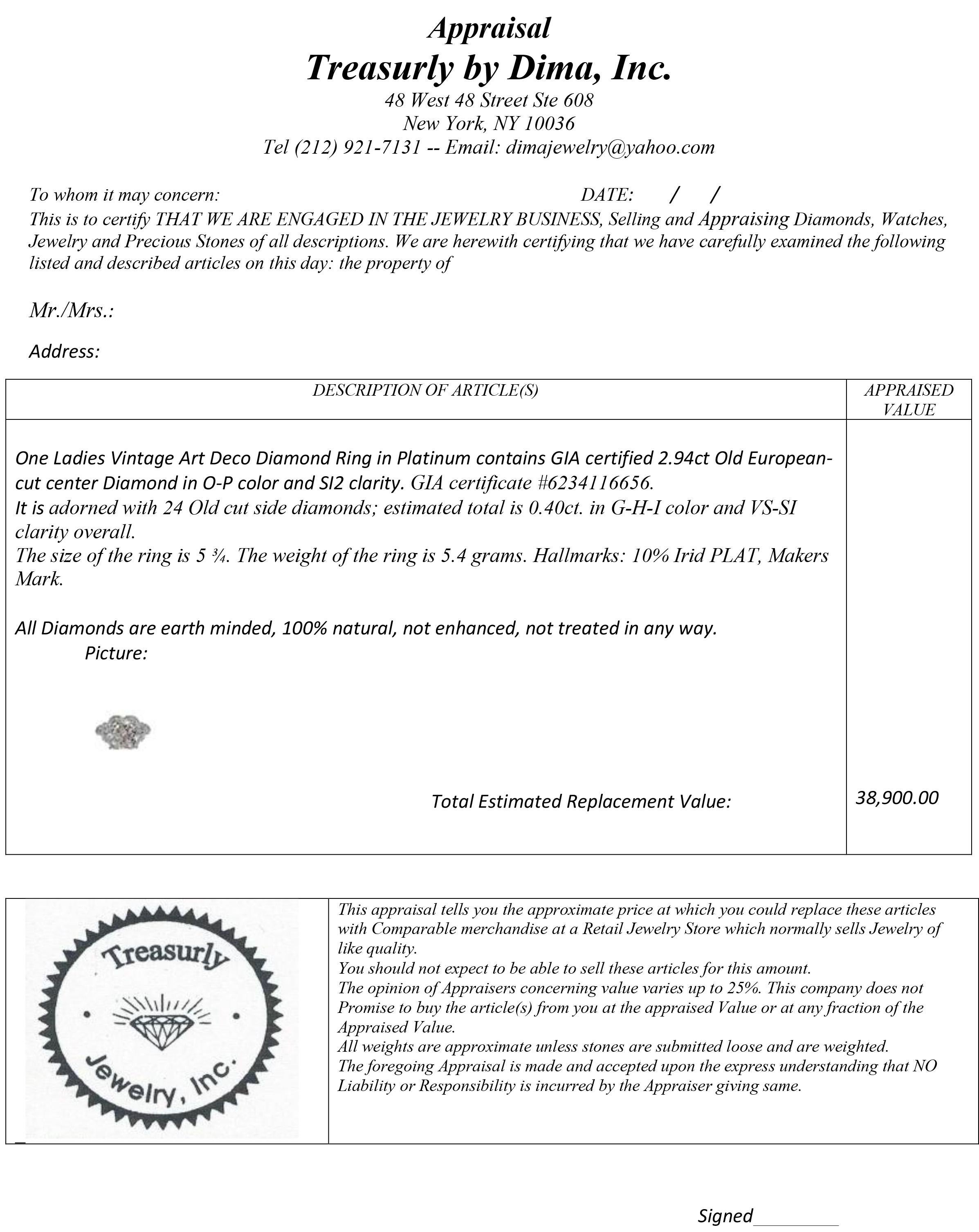 Art déco GIA 3.34ctw Vieux  Bague de fiançailles en platine avec diamant , Circa 1930 en vente 6