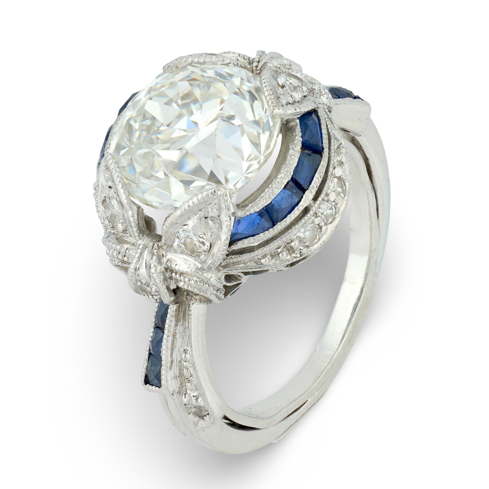 Art Deco GIA 3.38 carat diamond sapphire platinum engagement ring For Sale