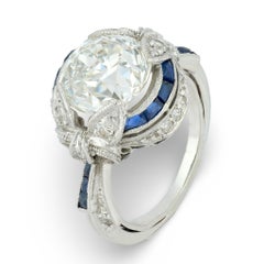 Art Deco GIA 3.38 carat diamond sapphire platinum engagement ring