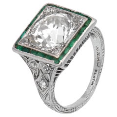 Art Deco GIA 3.42 carat old European cut diamond emerald platinum target ring