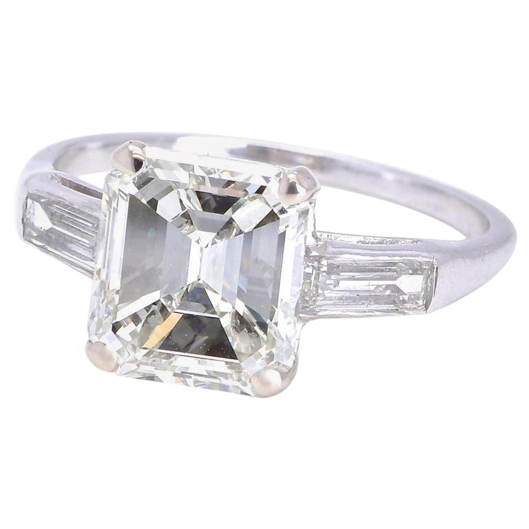 Art Deco GIA 3.44 Carat Emerald Cut Diamond Platinum Engagement Ring