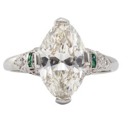 Anello Art Deco GIA da 3,46 carati con diamante antico taglio marquise e smeraldo in platino