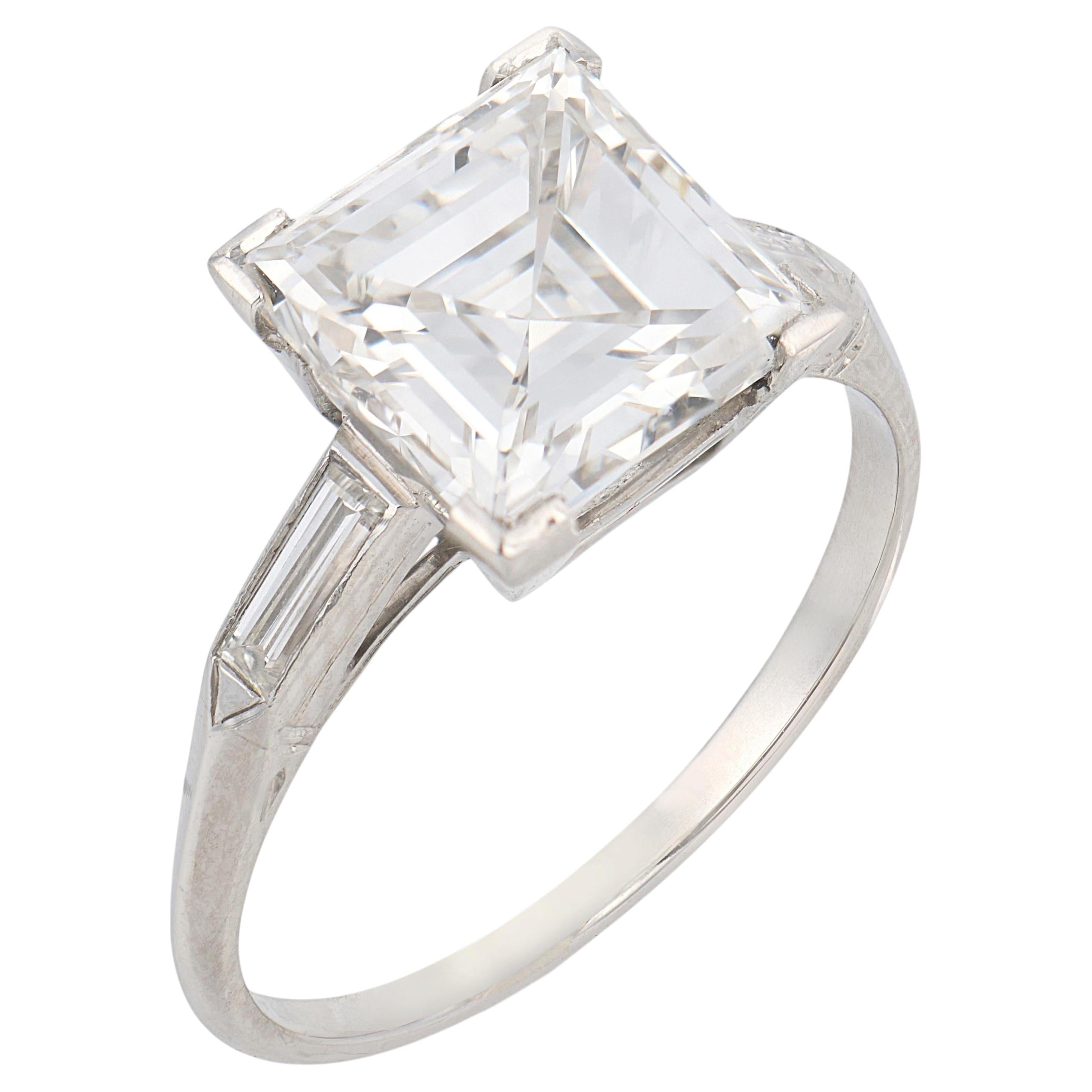 Art Deco GIA 3.51 carat Carré cut diamond platinum engagement ring