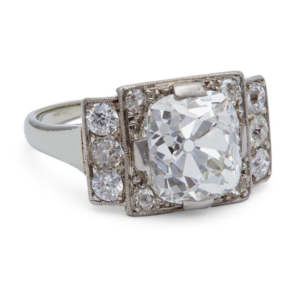 Art Deco GIA 3.56 Carats Old Mine Cut Diamond 18k White Gold Ring 1